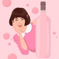 a girl in pink and a bottle of pink wine